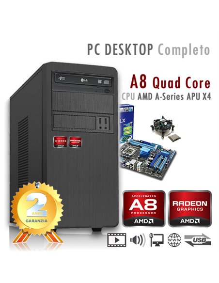 PC AMD APU A8 X4 7600 Quad Core/Ram 2GB/Hd 500GB/PC Assemblato Completo Computer Desktop