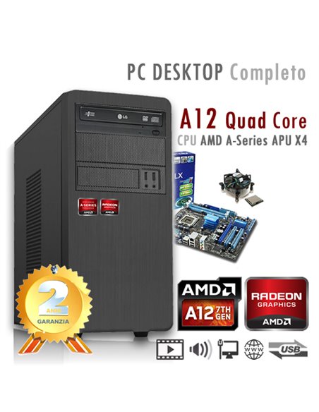 PC AMD APU A12 X4 9800 Quad Core/Ram 8GB/Hd 1000GB (1TB)/PC Assemblato Completo Computer Desktop