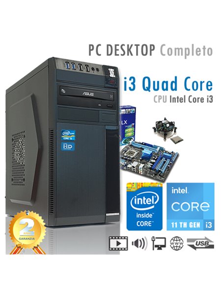 PC Intel Core i3-11100 Quad Core/Ram 4GB/Hd 500GB/PC Assemblato Completo Computer Desktop